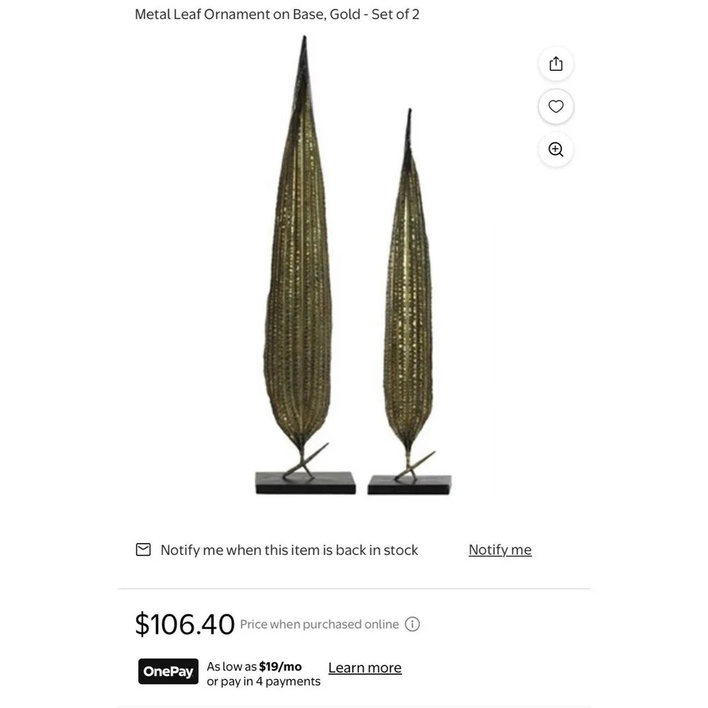 Home Decor 2 Metal Leaf Ornament 40” & 33.5”, Gold And Silver